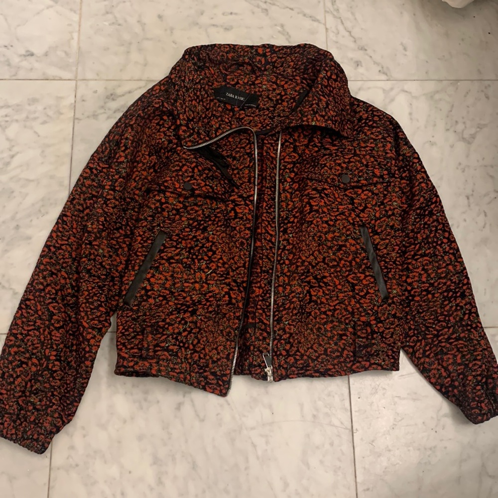 Zara embroidered red, green, black cheetah bomber jacket